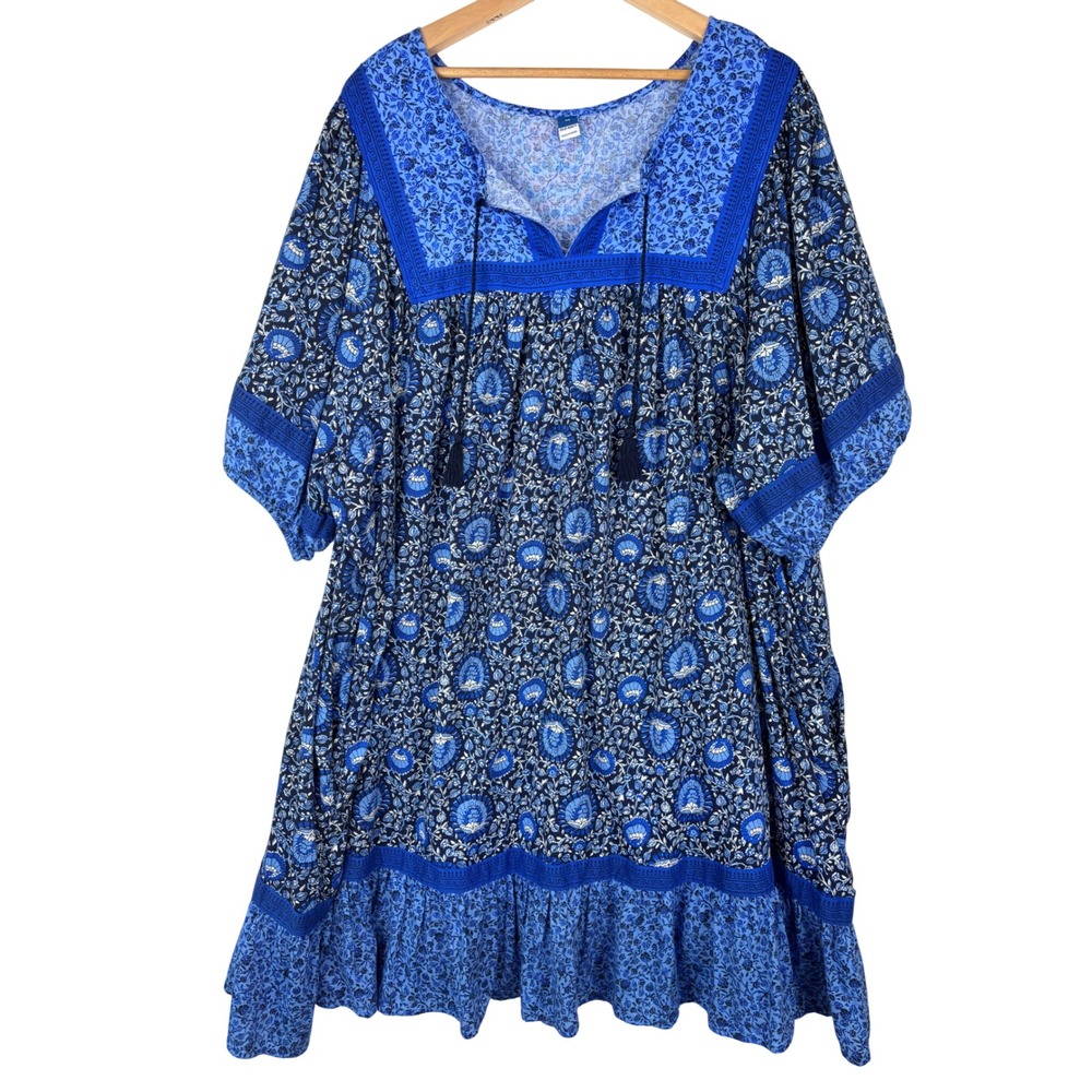 Old Navy 4X Blue Dress Floral Boho Peasant Cottagecore Tunic Ruffle Midi Flowy